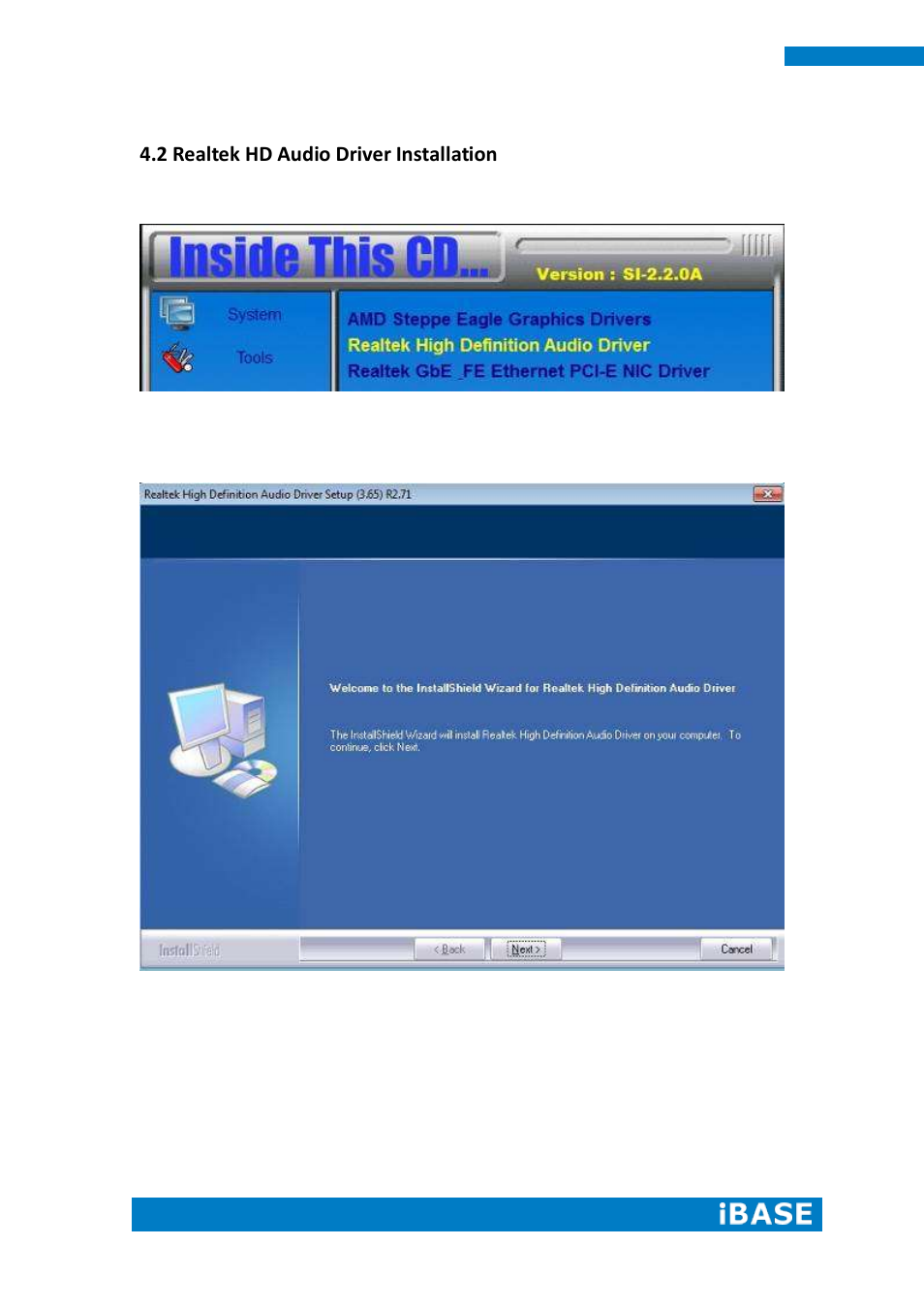 2 realtek hd audio driver installation | IBASE SI-102-N User Manual | Page 44 / 51
