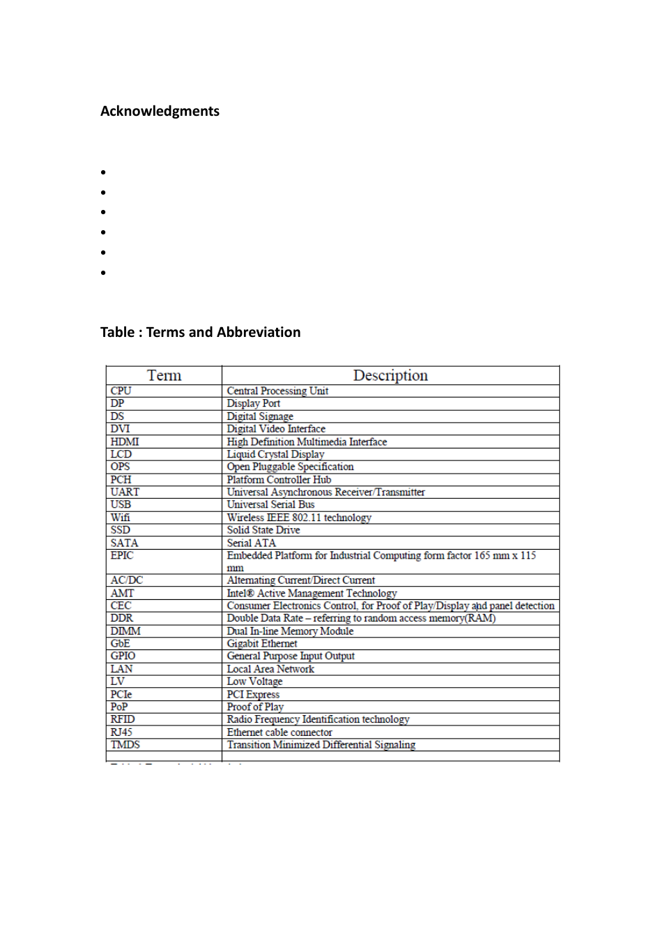 Acknowledgments, Table : terms and abbreviation | IBASE IOPS-76 User Manual | Page 6 / 36