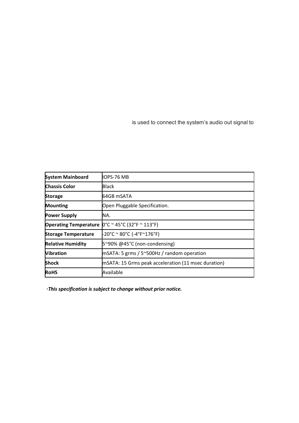 System specification | IBASE IOPS-76 User Manual | Page 8 / 36