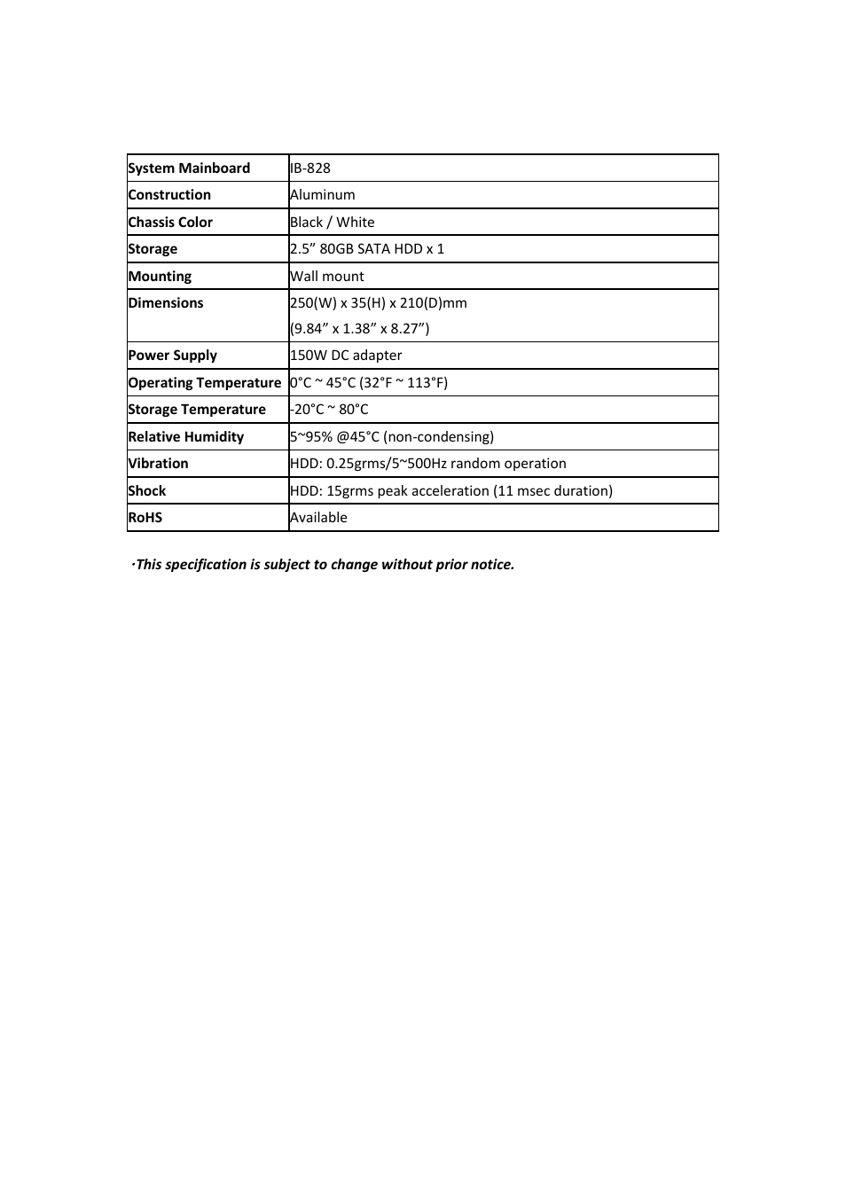 Specification | IBASE SI-28 User Manual | Page 10 / 44