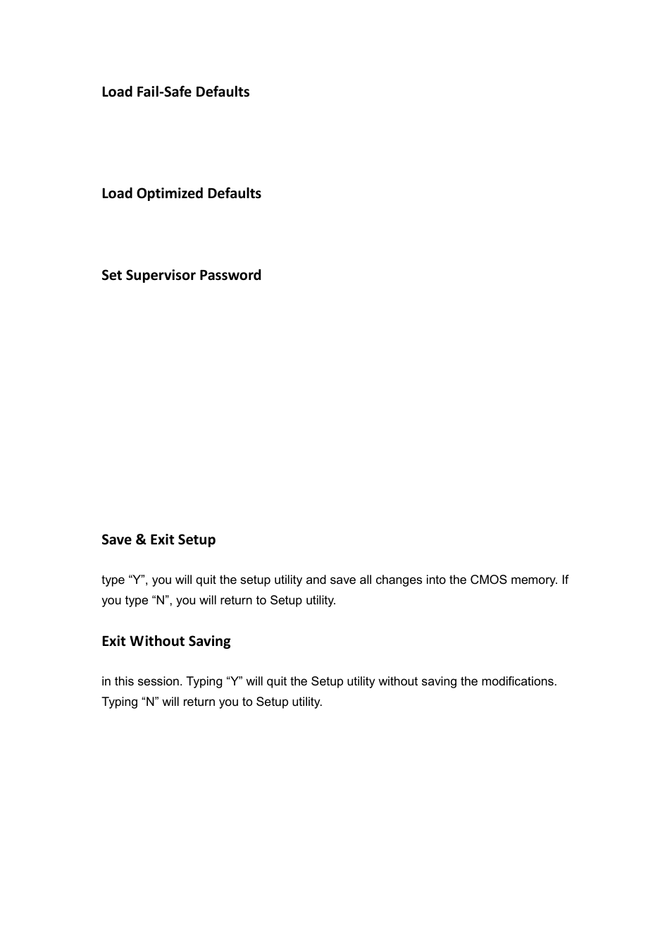 Load fail-safe defaults, Load optimized defaults, Set supervisor password | Save & exit setup, Exit without saving | IBASE SI-28 User Manual | Page 35 / 44