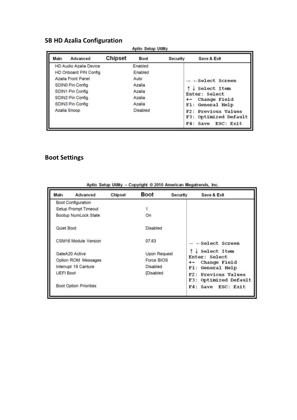 Sb hd azalia configuration, Boot settings | IBASE SI-18 User Manual | Page 38 / 51