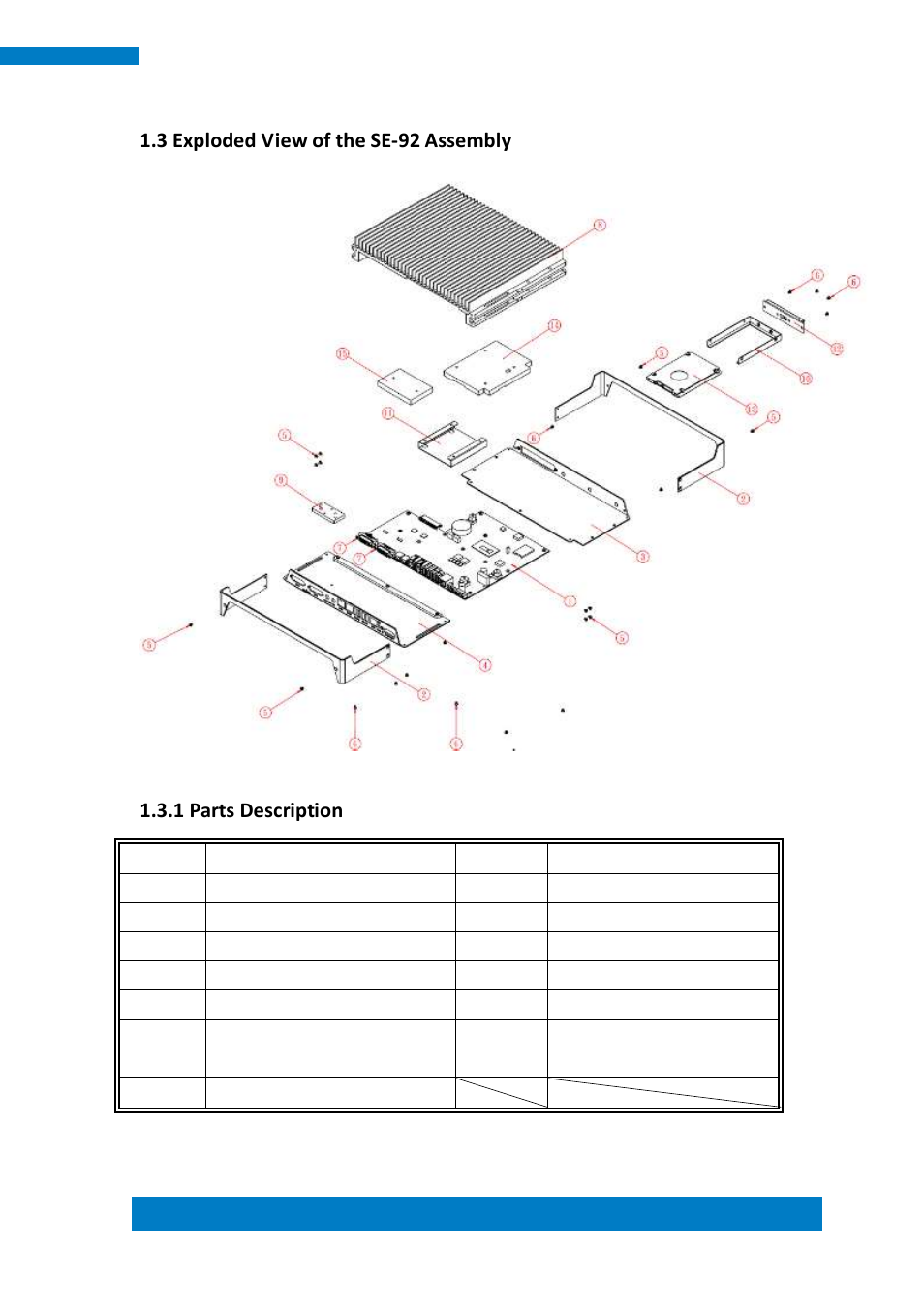 3 exploded view of the se-92 assembly, 1 parts description | IBASE SE-92 User Manual | Page 13 / 63