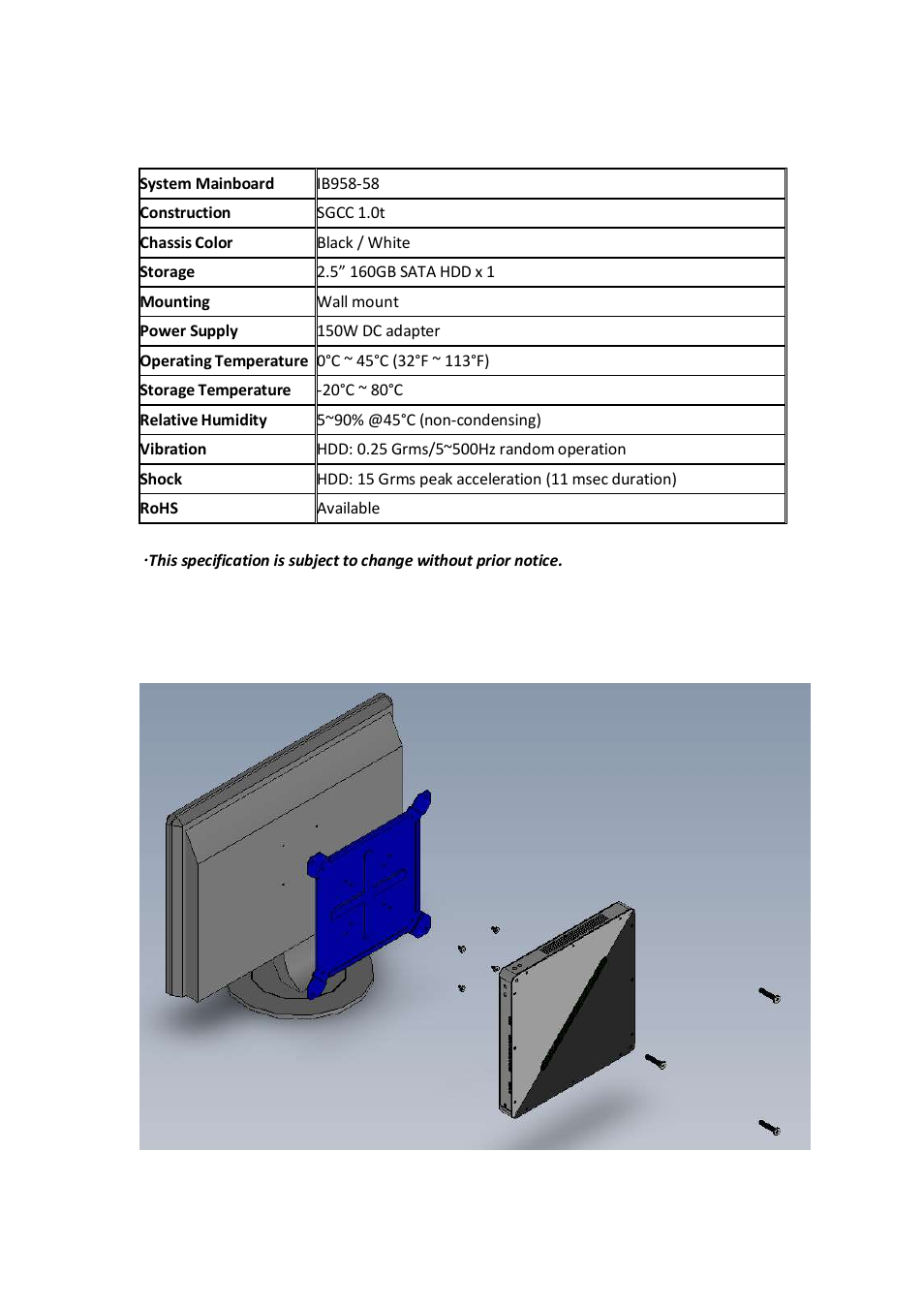 Specification, Mounting si-58 to the wall | IBASE SI-58 User Manual | Page 12 / 73