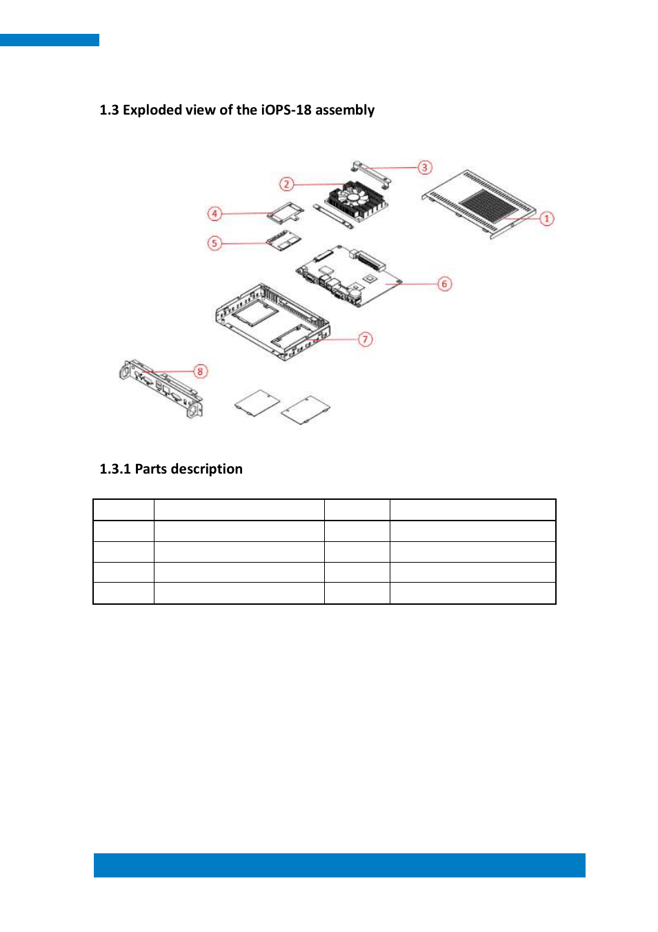 3 exploded view of the iops-18 assembly, 1 parts description | IBASE IOPS-18 User Manual | Page 11 / 46