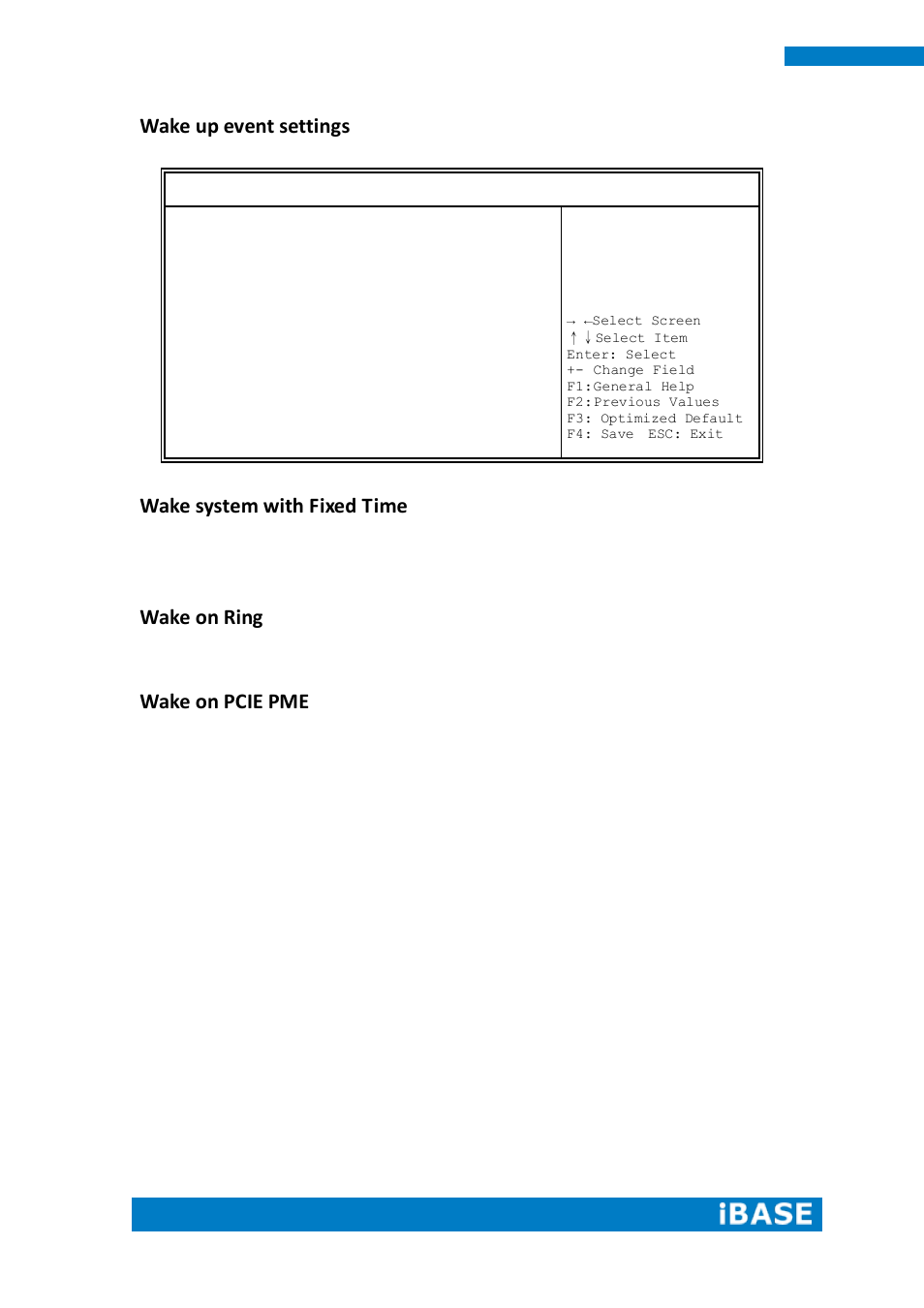 Wake up event settings, Wake system with fixed time, Wake on ring | Wake on pcie pme | IBASE ASTUT-XX1-PC1S User Manual | Page 48 / 74