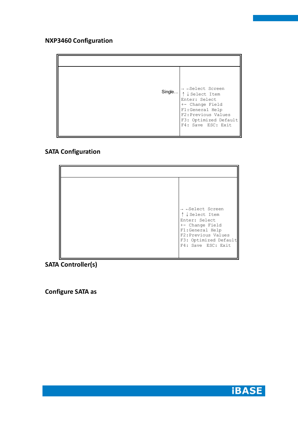 Nxp3460 configuration, Sata configuration, Sata controller(s) | Configure sata as | IBASE ASTUT-XX1-PC1S User Manual | Page 50 / 74