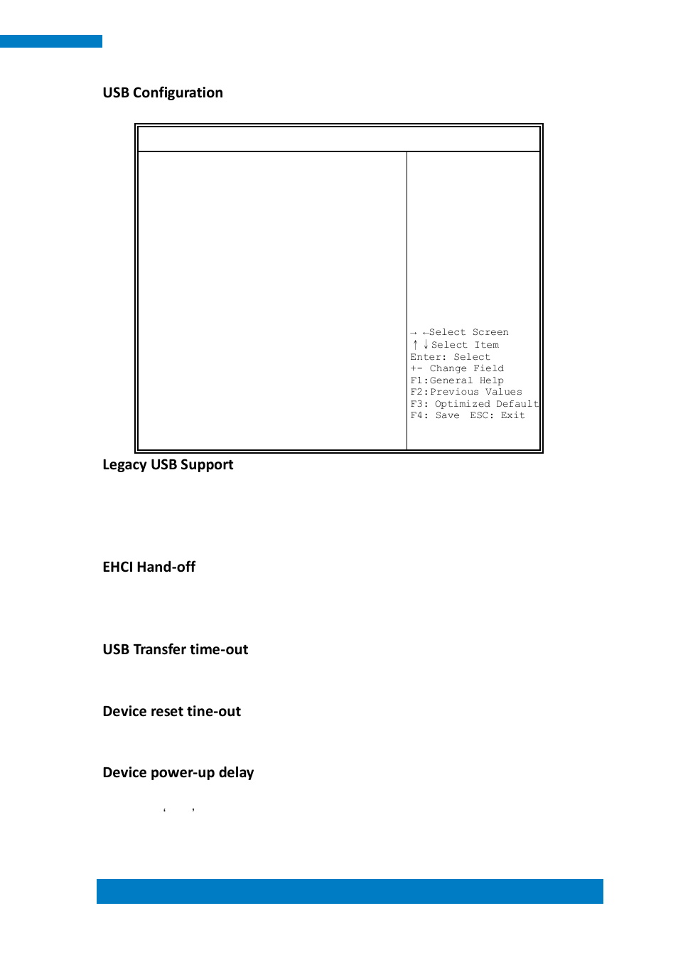 Usb configuration, Legacy usb support, Ehci hand-off | Usb transfer time-out, Device reset tine-out, Device power-up delay | IBASE ASTUT-XX1-PC1S User Manual | Page 51 / 74