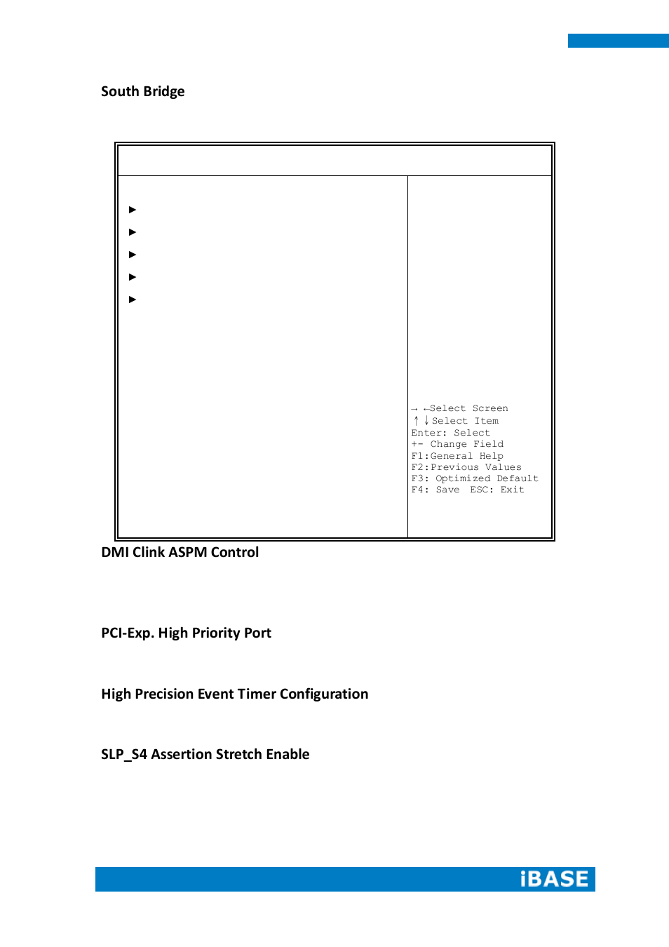 South bridge, Dmi clink aspm control, Pci-exp. high priority port | High precision event timer configuration, Slp_s4 assertion stretch enable | IBASE ASTUT-XX1-PC1S User Manual | Page 58 / 74