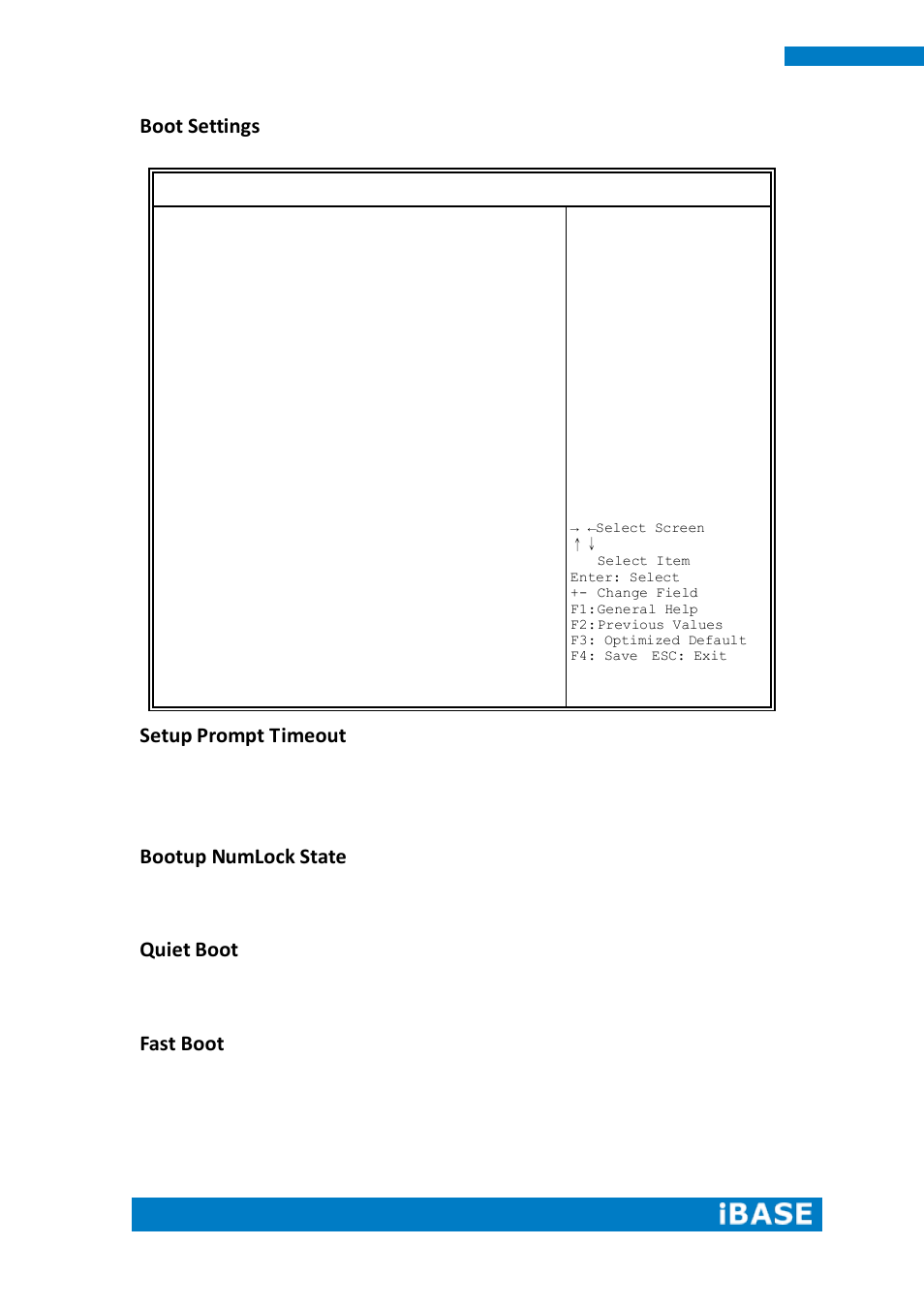 Boot settings, Setup prompt timeout, Bootup numlock state | Quiet boot, Fast boot | IBASE ASTUT-XX1-PC1S User Manual | Page 62 / 74