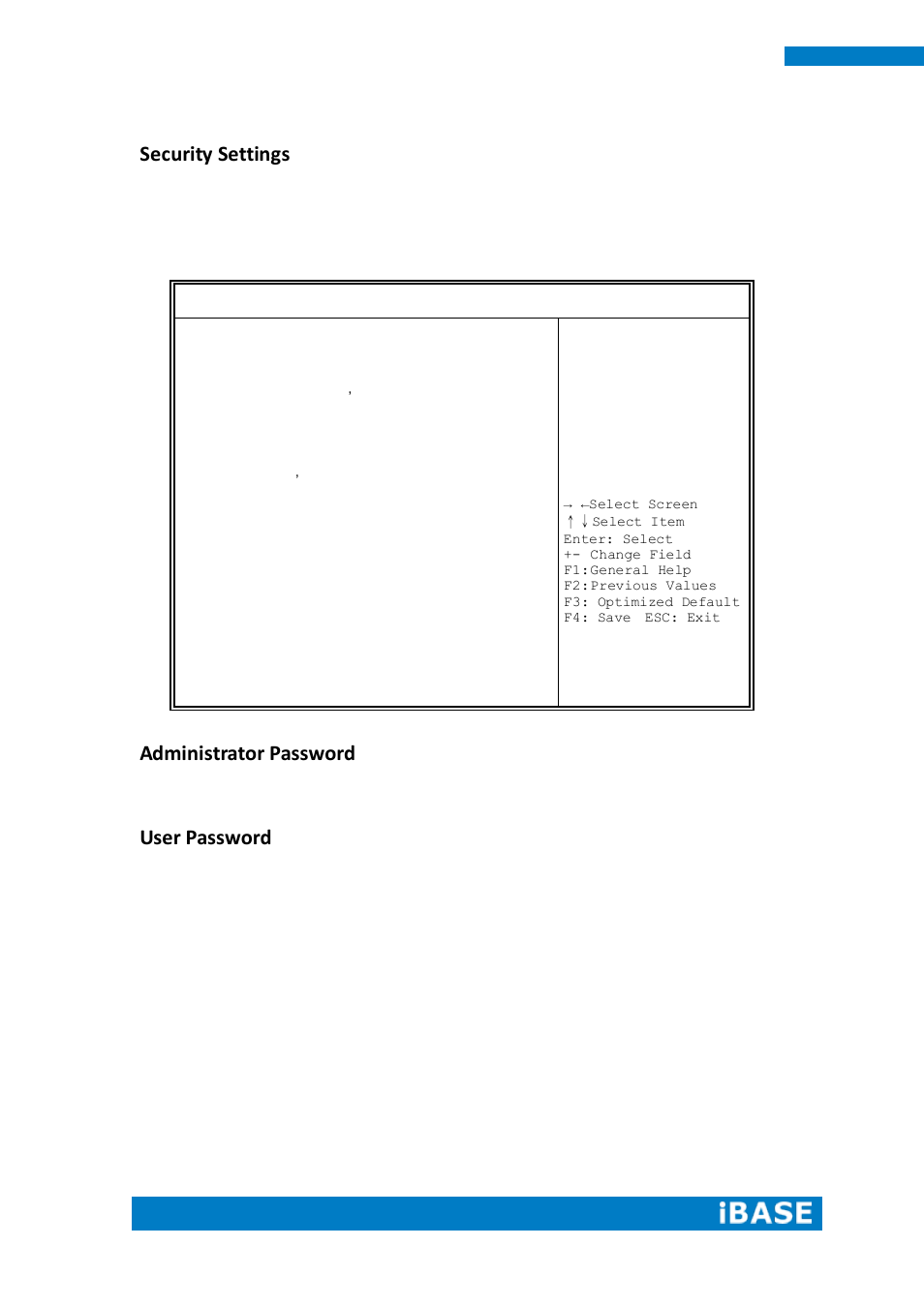 Security settings, Administrator password, User password | IBASE ASTUT-XX1-PC1S User Manual | Page 64 / 74
