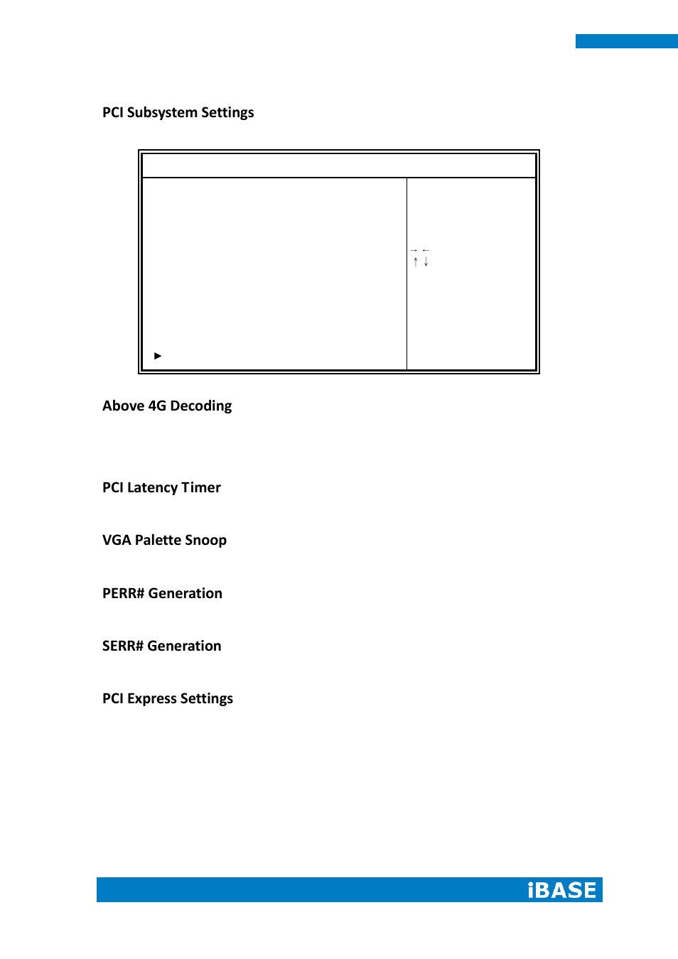 Pci subsystem settings, Above 4g decoding, Pci latency timer | Vga palette snoop, Perr# generation, Serr# generation, Pci express settings | IBASE IPPCXXA9-RE User Manual | Page 36 / 76