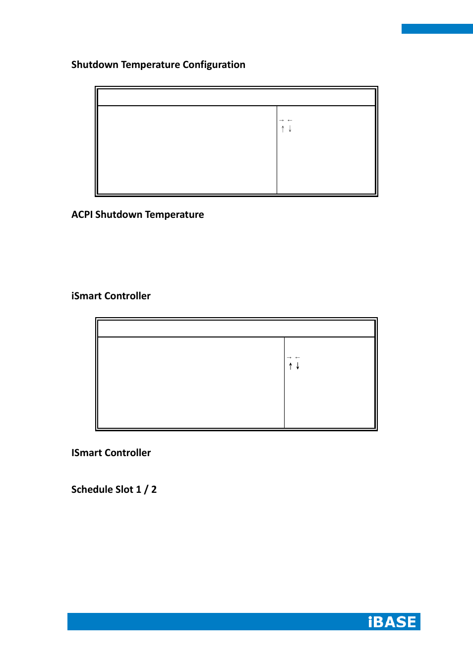 Shutdown temperature configuration, Acpi shutdown temperature, Ismart controller | Schedule slot 1 / 2 | IBASE IPPCXXA9-RE User Manual | Page 42 / 76