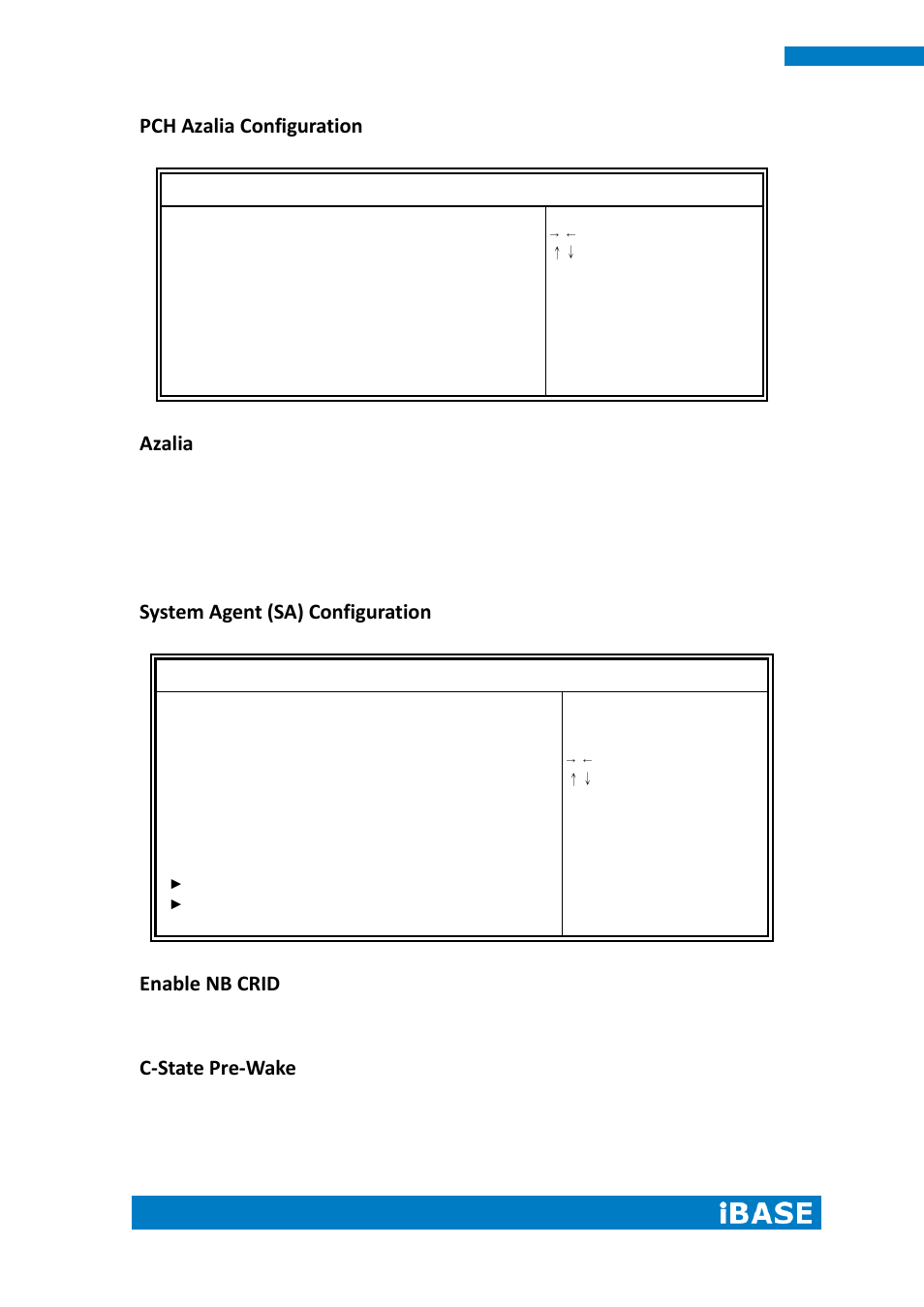 Pch azalia configuration, Azalia, System agent (sa) configuration | Enable nb crid, C-state pre-wake | IBASE IPPCXXA9-RE User Manual | Page 50 / 76