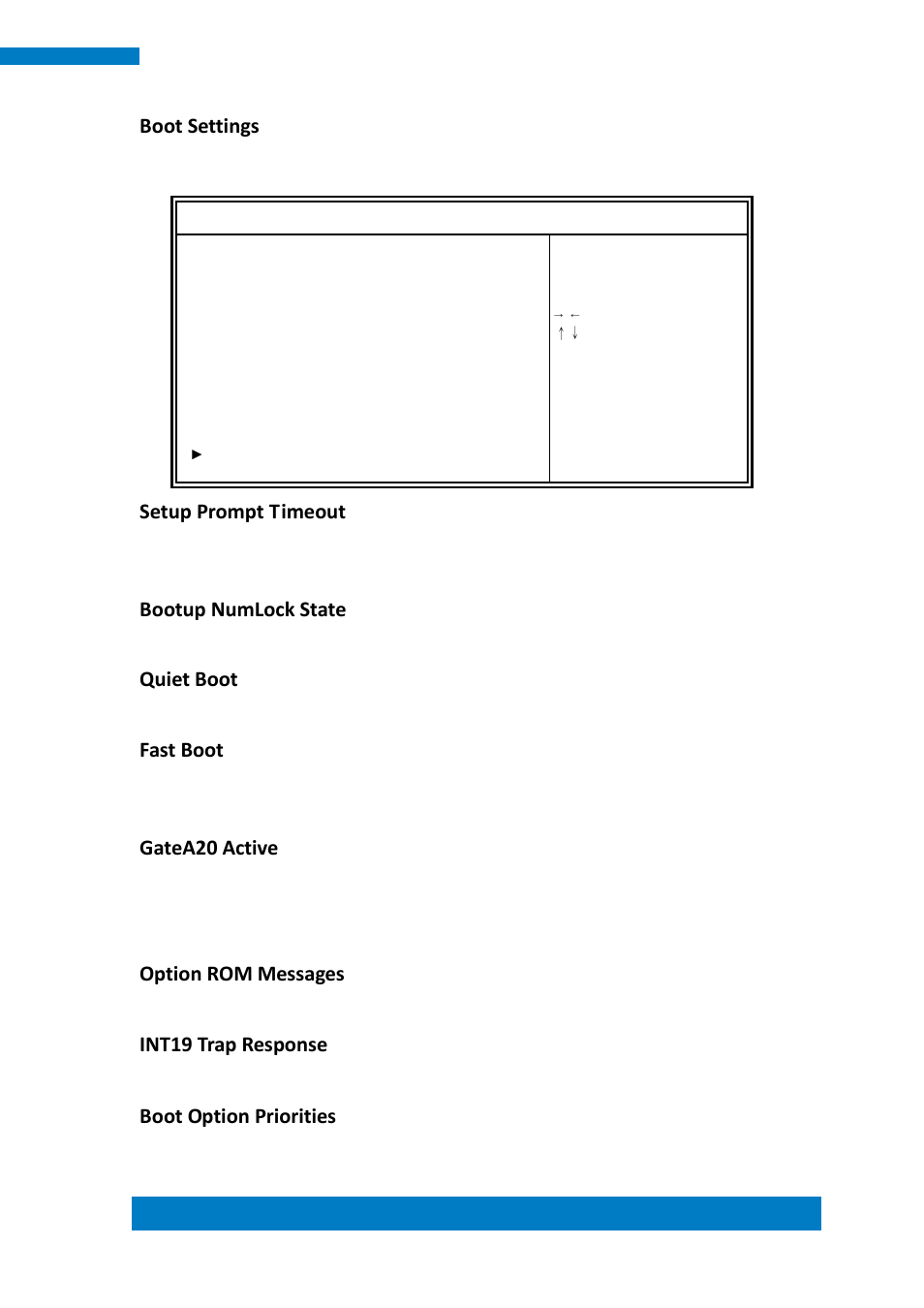 Boot settings, Setup prompt timeout, Bootup numlock state | Quiet boot, Fast boot, Gatea20 active, Option rom messages, Int19 trap response, Boot option priorities | IBASE IPPCXXA9-RE User Manual | Page 53 / 76