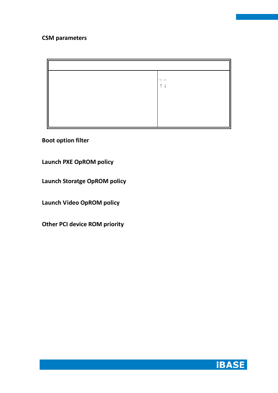 Csm parameters, Boot option filter, Launch pxe oprom policy | Launch storatge oprom policy, Launch video oprom policy, Other pci device rom priority | IBASE IPPCXXA9-RE User Manual | Page 54 / 76