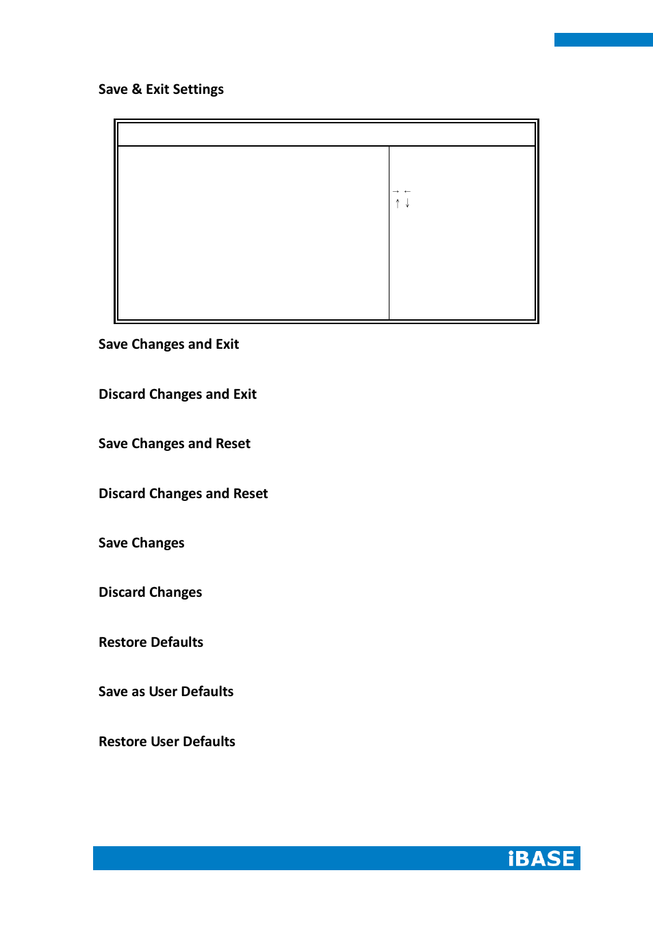Save & exit settings, Save changes and exit, Discard changes and exit | Save changes and reset, Discard changes and reset, Save changes, Discard changes, Restore defaults, Save as user defaults, Restore user defaults | IBASE IPPCXXA9-RE User Manual | Page 56 / 76
