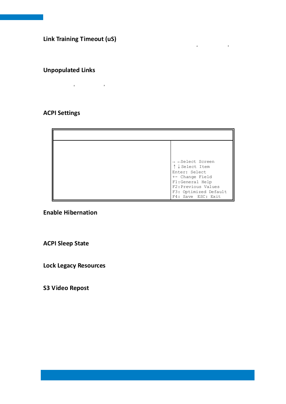 Link training timeout (us), Unpopulated links, Acpi settings | Enable hibernation, Acpi sleep state, Lock legacy resources, S3 video repost | IBASE IPPCXXB9-RE User Manual | Page 39 / 77