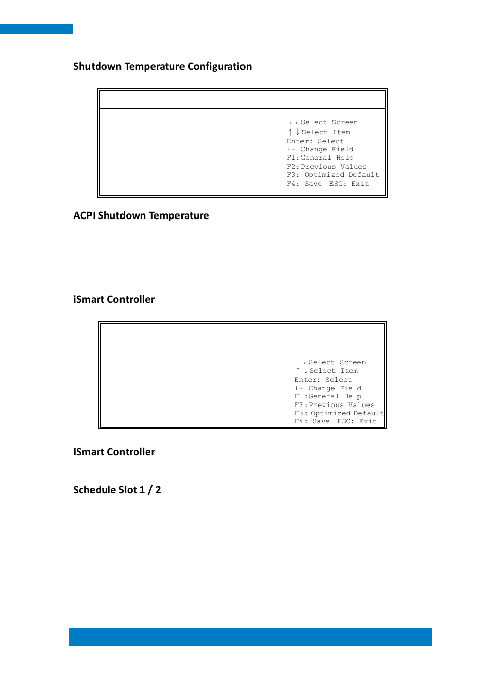 Shutdown temperature configuration, Acpi shutdown temperature, Ismart controller | Schedule slot 1 / 2 | IBASE IPPCXXB9-RE User Manual | Page 43 / 77