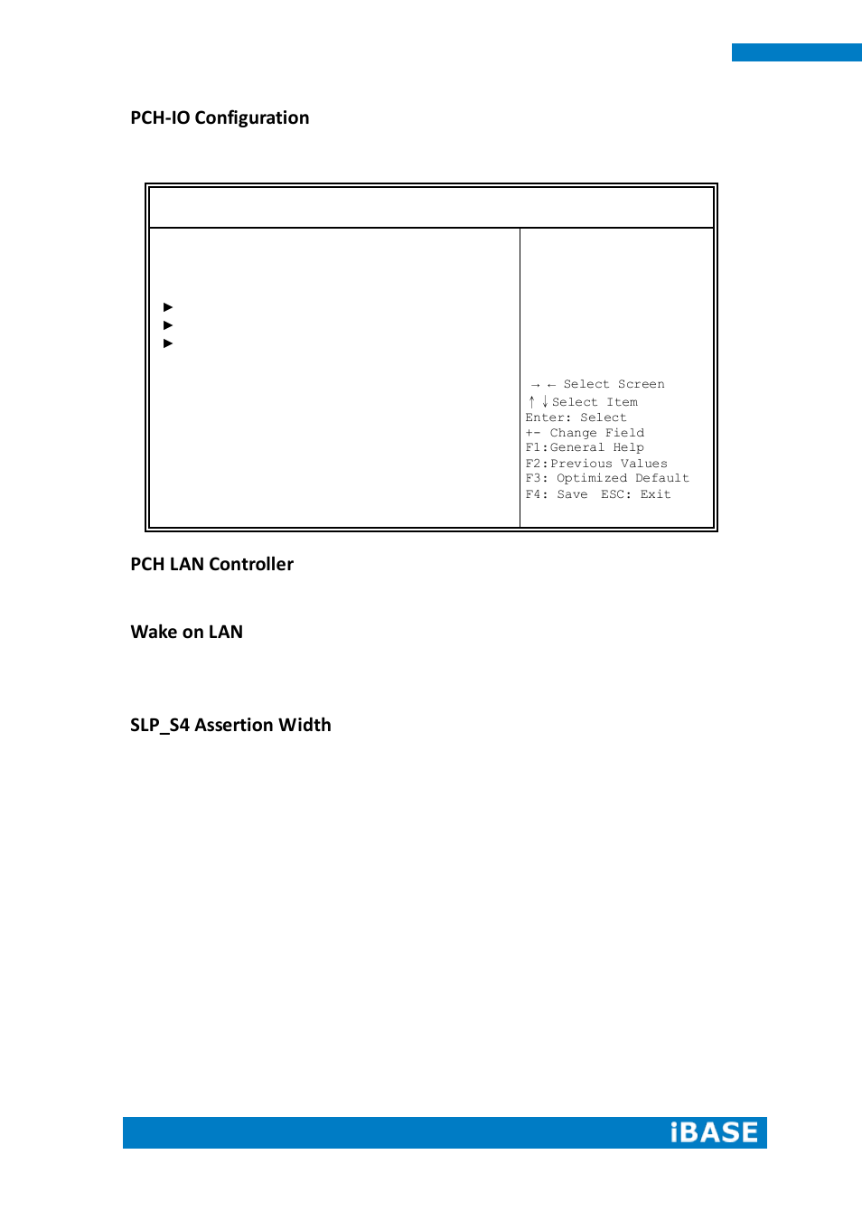 Pch-io configuration, Pch lan controller, Wake on lan | Slp_s4 assertion width | IBASE IPPCXXB9-RE User Manual | Page 48 / 77