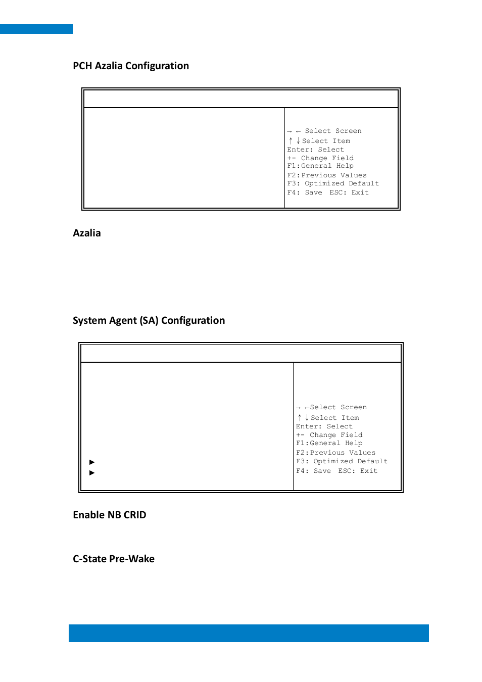 Pch azalia configuration, Azalia, System agent (sa) configuration | Enable nb crid, C-state pre-wake | IBASE IPPCXXB9-RE User Manual | Page 51 / 77