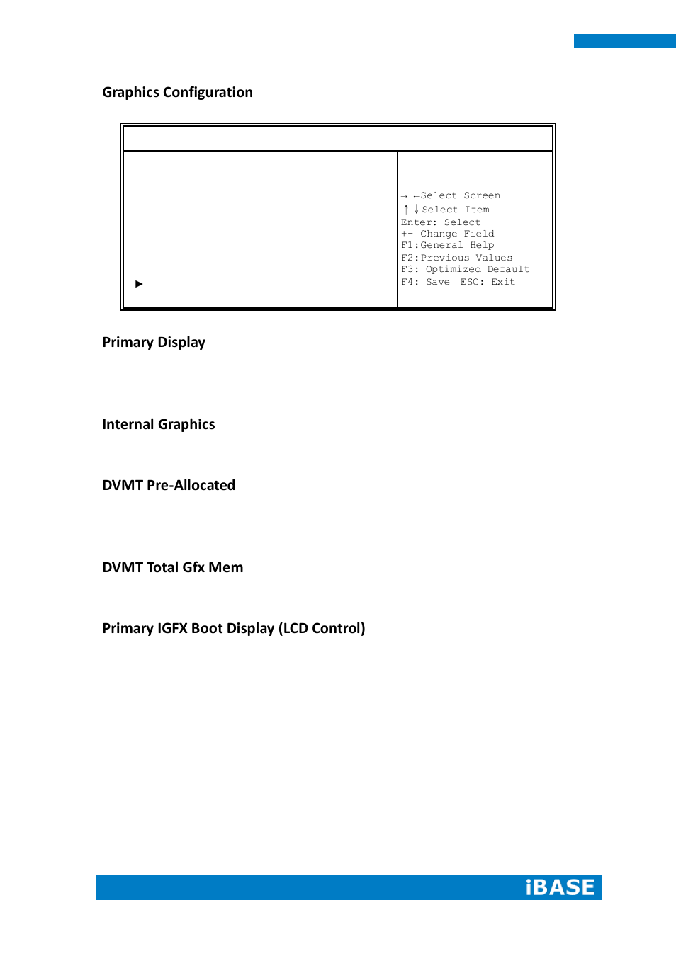 Graphics configuration, Primary display, Internal graphics | Dvmt pre-allocated, Dvmt total gfx mem, Primary igfx boot display (lcd control) | IBASE IPPCXXB9-RE User Manual | Page 52 / 77