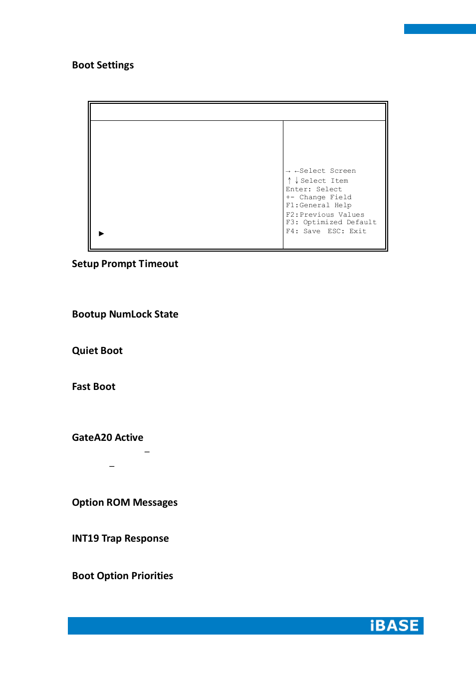 Boot settings, Setup prompt timeout, Bootup numlock state | Quiet boot, Fast boot, Gatea20 active, Option rom messages, Int19 trap response, Boot option priorities | IBASE IPPCXXB9-RE User Manual | Page 54 / 77