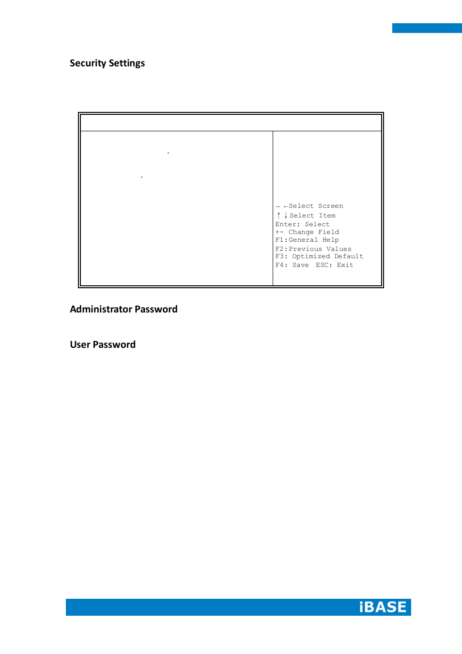 Security settings, Administrator password, User password | IBASE IPPCXXB9-RE User Manual | Page 56 / 77