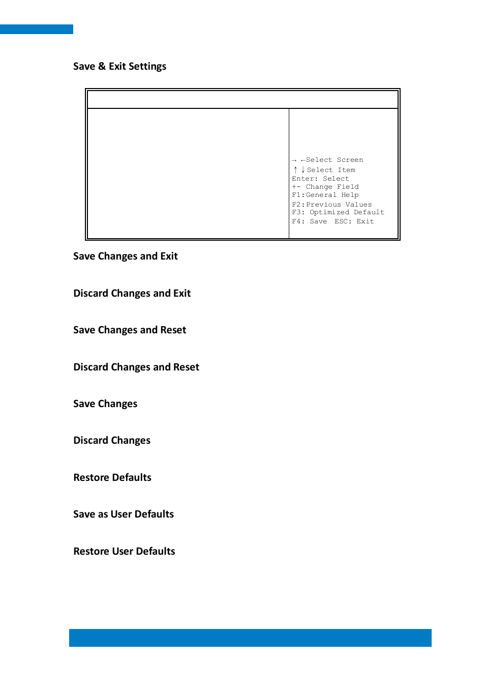 Save & exit settings, Save changes and exit, Discard changes and exit | Save changes and reset, Discard changes and reset, Save changes, Discard changes, Restore defaults, Save as user defaults, Restore user defaults | IBASE IPPCXXB9-RE User Manual | Page 57 / 77