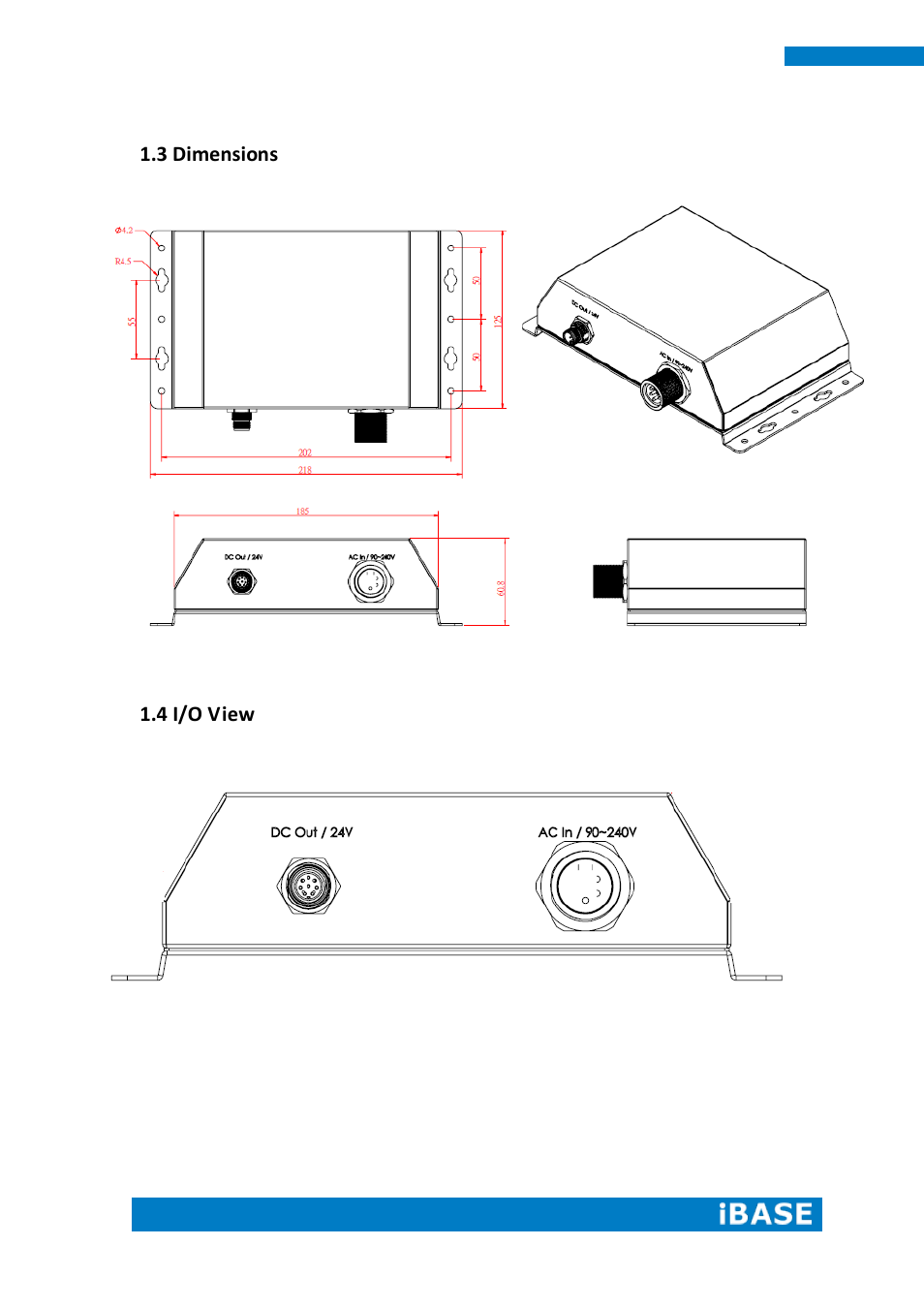 3 dimensions, 4 i/o view | IBASE SSPA-24 User Manual | Page 6 / 7