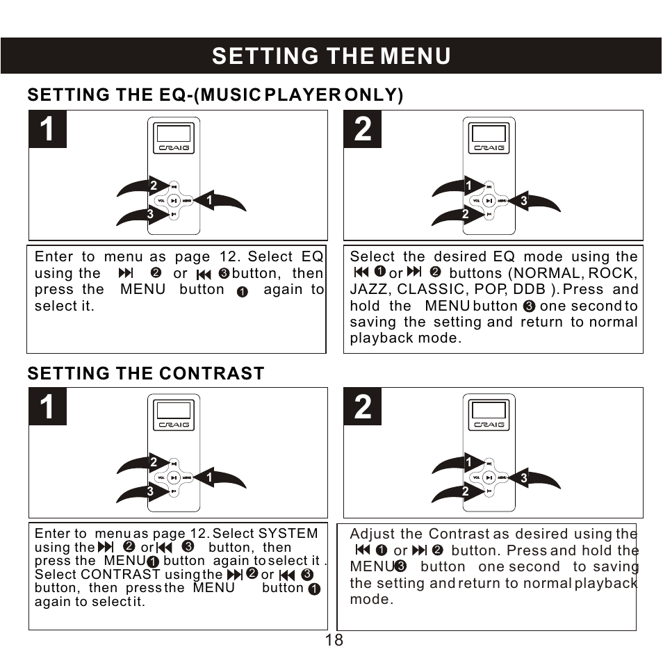 Setting the menu, Setting the eq-(music player only), Setting the contrast | Craig CMP168C User Manual | Page 19 / 27