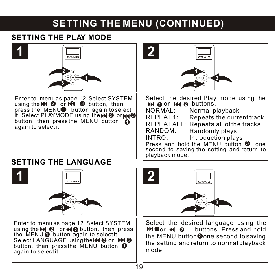 Setting the menu (continued), Setting the play mode, Setting the language | Craig CMP168C User Manual | Page 20 / 27