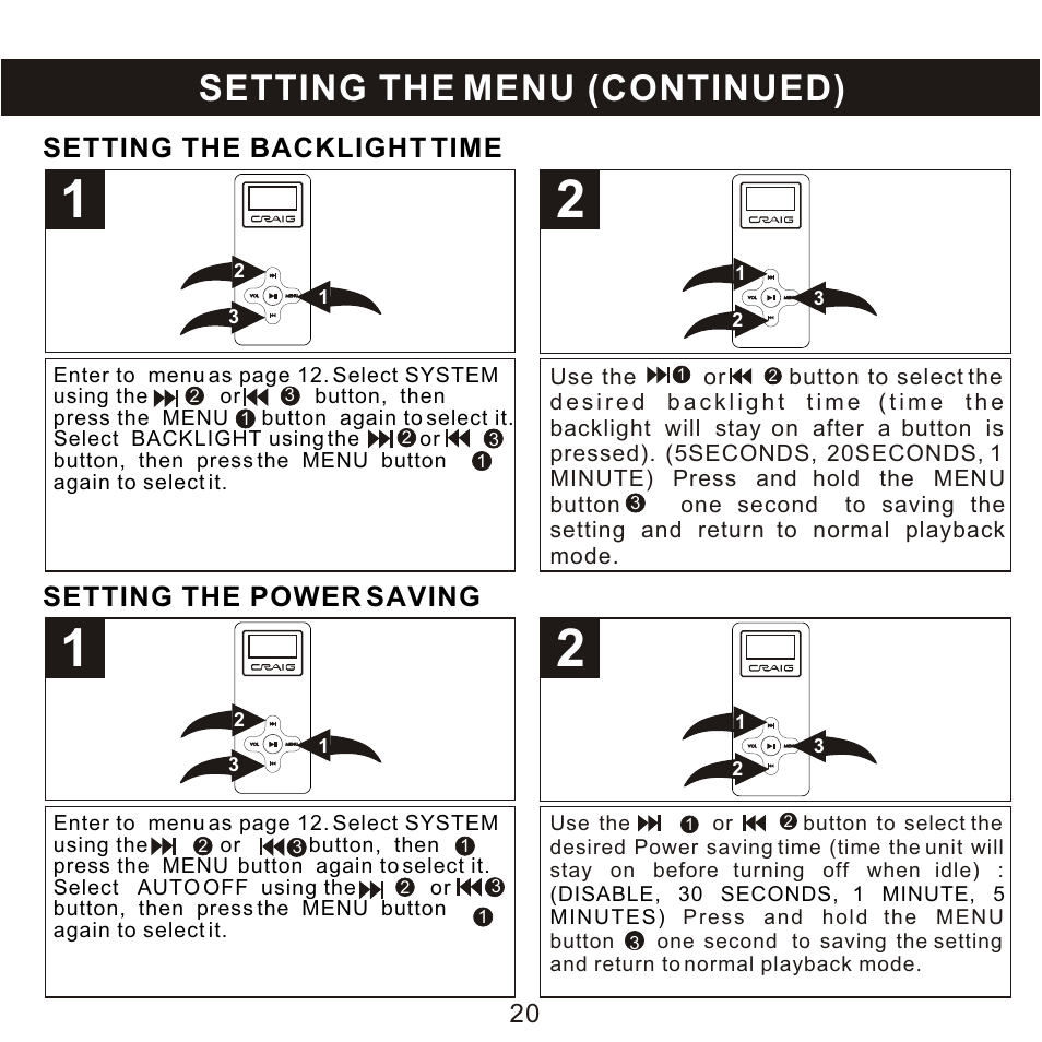 Setting the menu (continued), Setting the power saving, Setting the backlight time | Craig CMP168C User Manual | Page 21 / 27