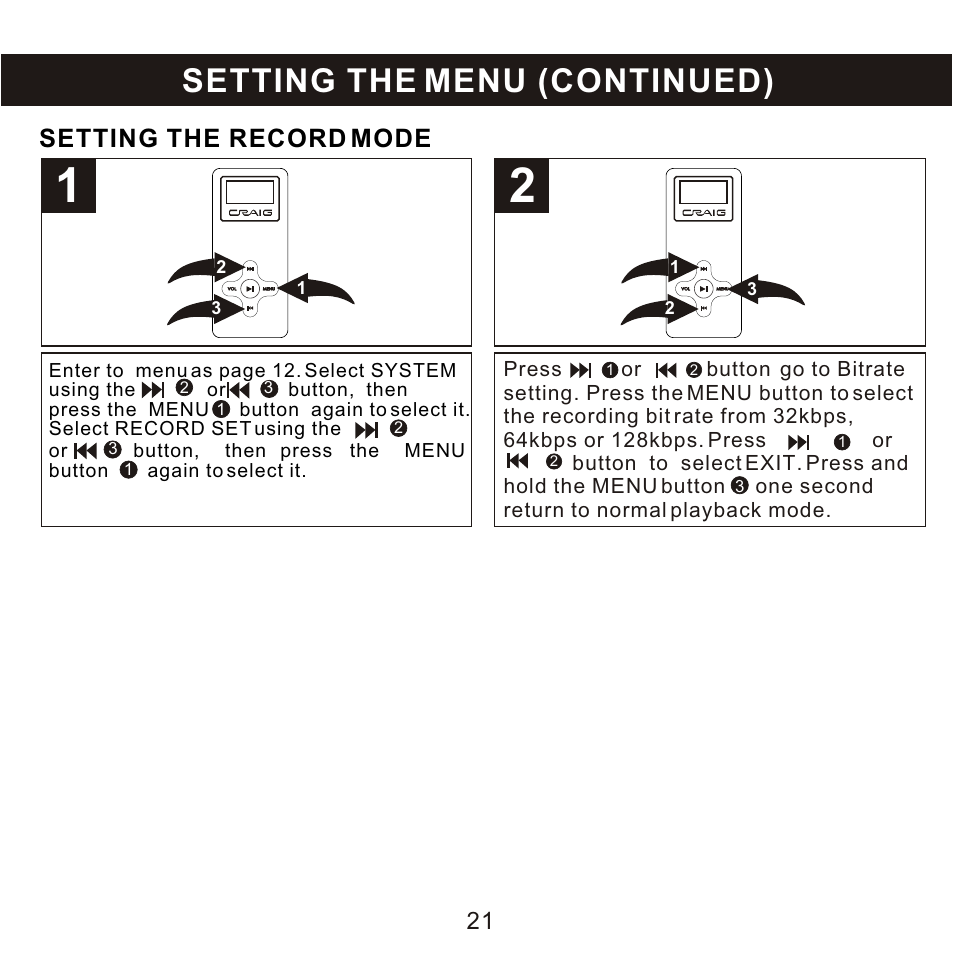 Setting the menu (continued), Setting the record mode | Craig CMP168C User Manual | Page 22 / 27