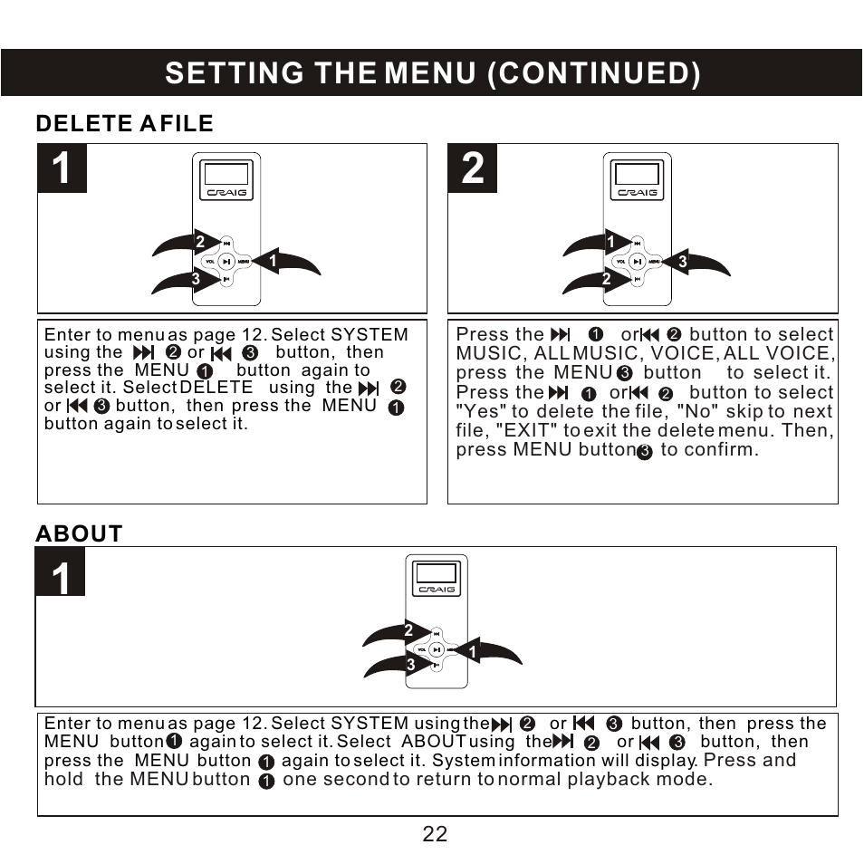 Setting the menu (continued), Delete a file, About | Craig CMP168C User Manual | Page 23 / 27