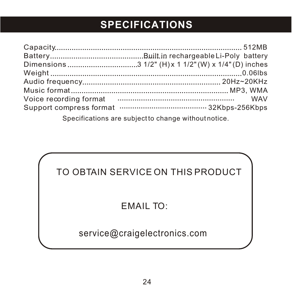 Specifications | Craig CMP168C User Manual | Page 25 / 27