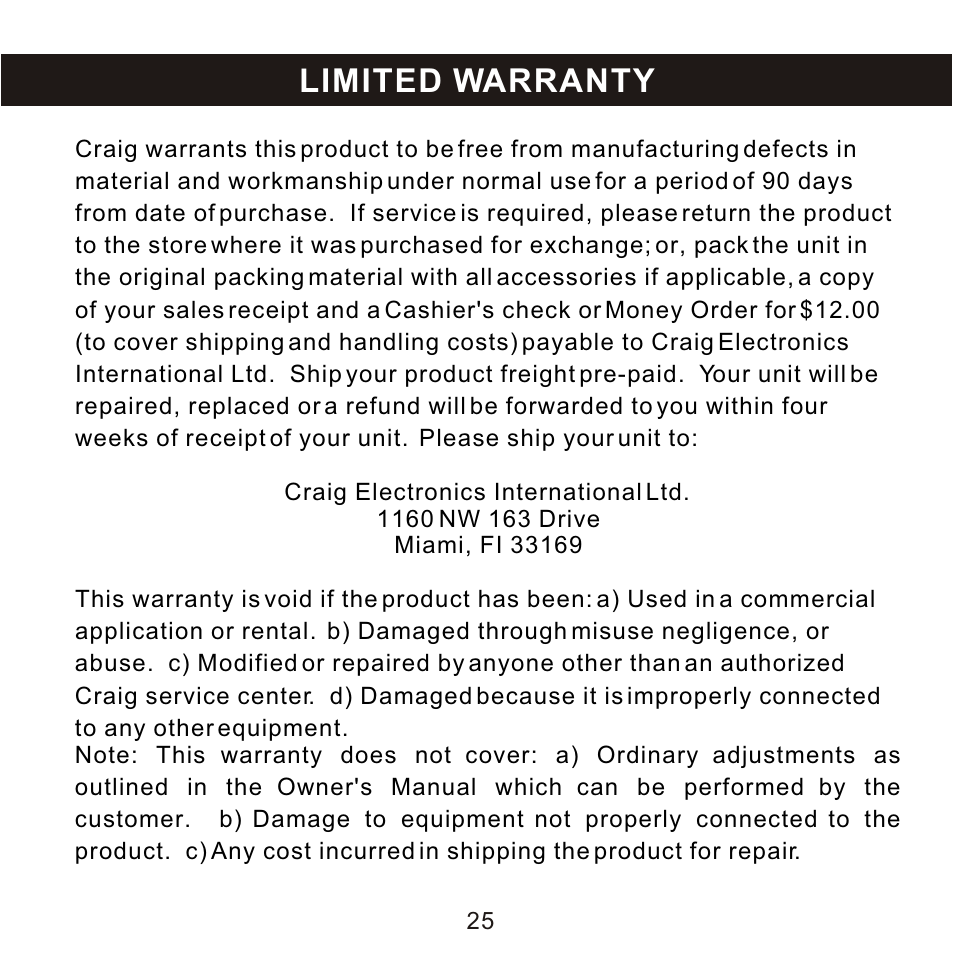Limited warranty | Craig CMP168C User Manual | Page 26 / 27