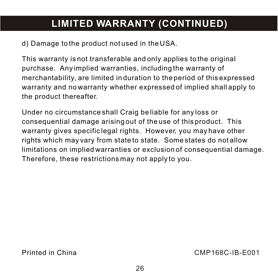 Limited warranty (continued) | Craig CMP168C User Manual | Page 27 / 27
