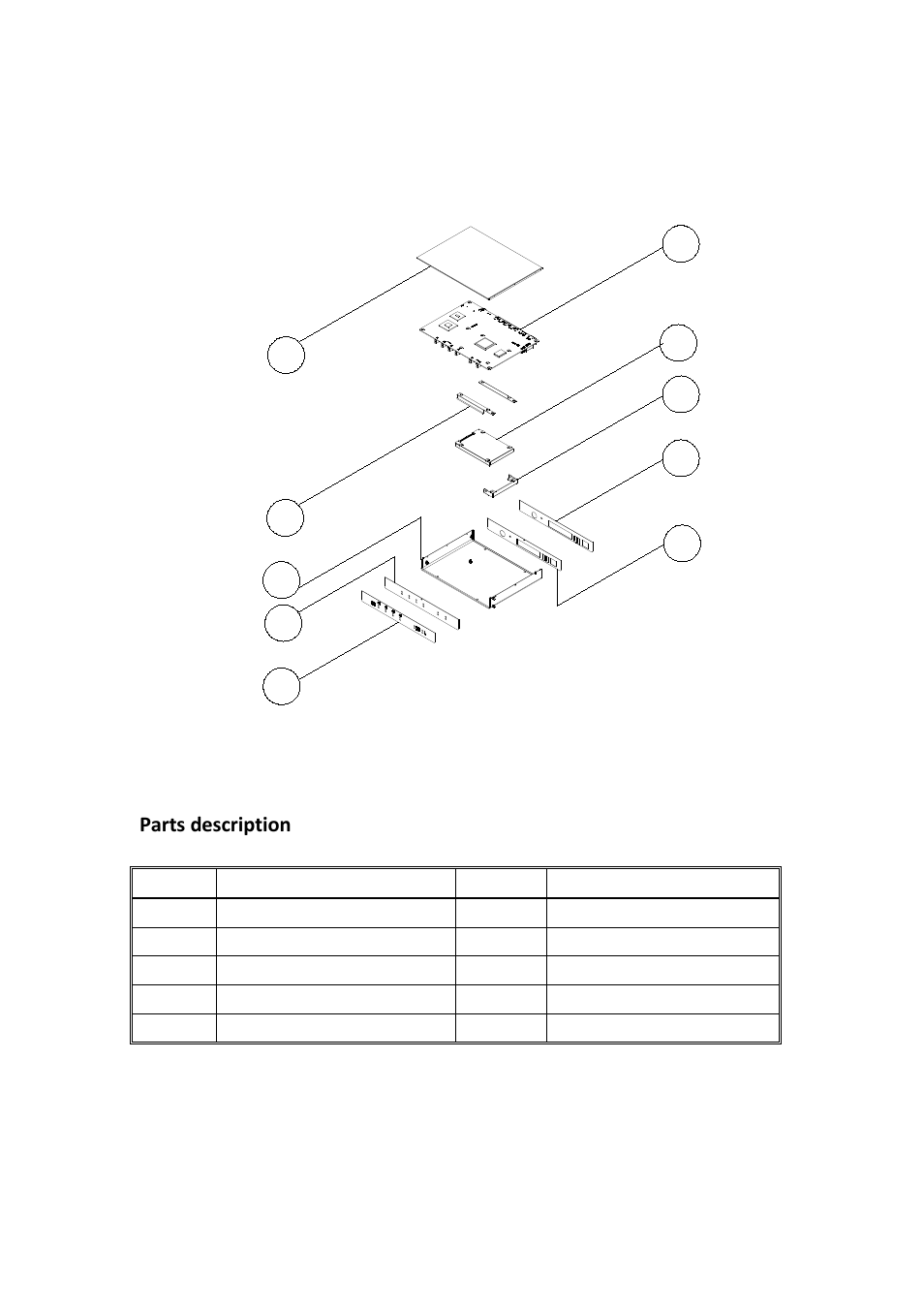 Exploded view of the fwa-6104 assembly, Parts description | IBASE FWA6104 User Manual | Page 10 / 11