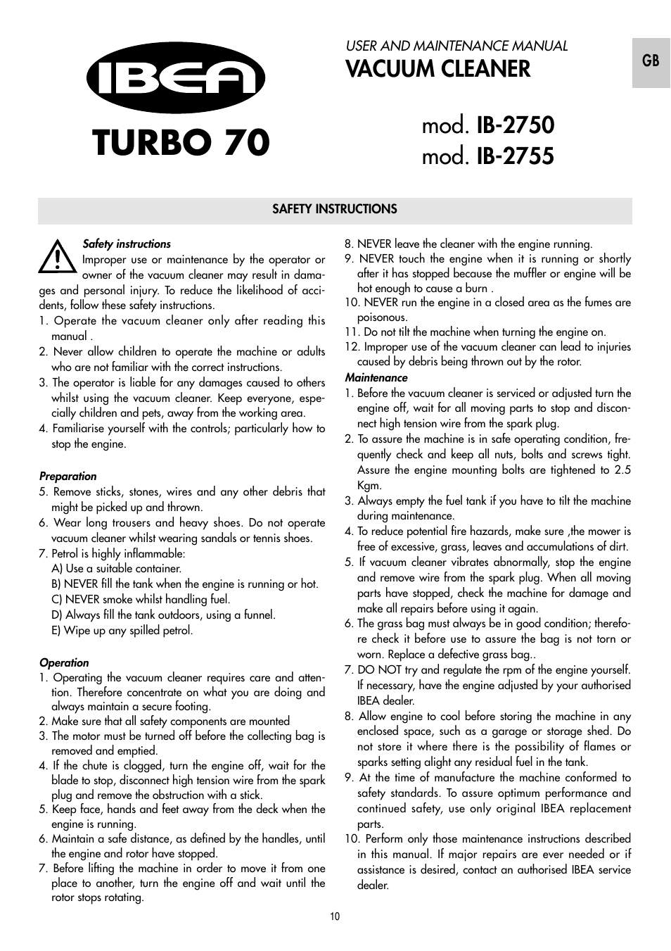 Turbo 70, Vacuum cleaner | IBEA IB-2750 User Manual | Page 10 / 24