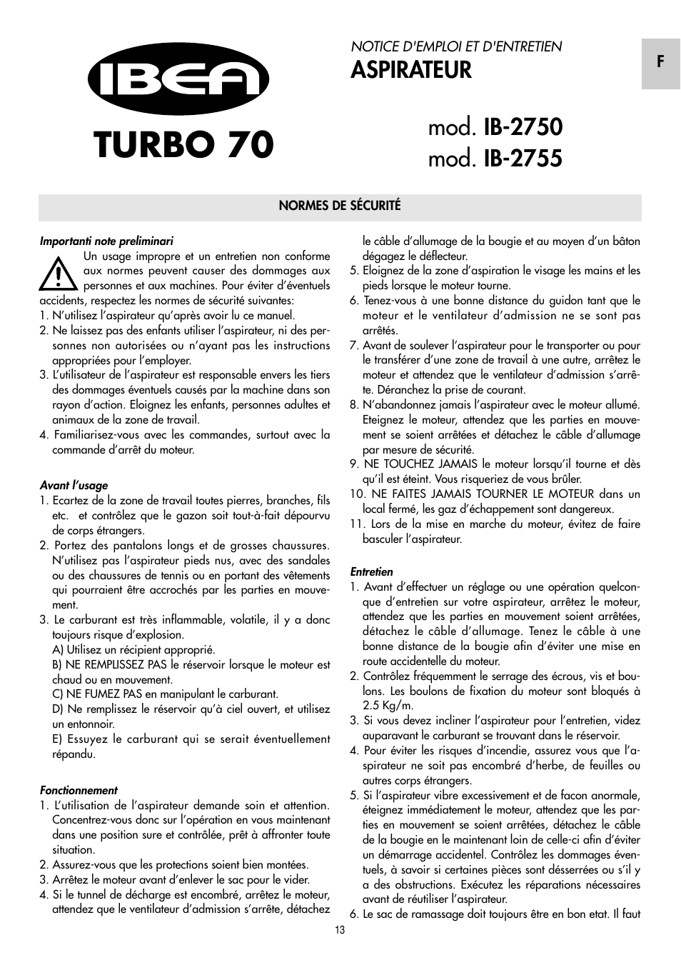 Turbo 70, Aspirateur | IBEA IB-2750 User Manual | Page 13 / 24