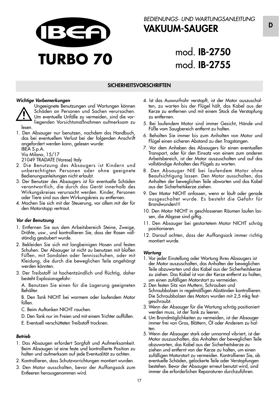 Turbo 70, Vakuum-sauger | IBEA IB-2750 User Manual | Page 17 / 24