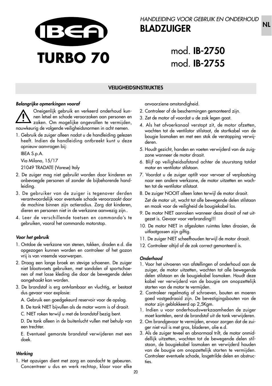 Turbo 70, Bladzuiger | IBEA IB-2750 User Manual | Page 20 / 24
