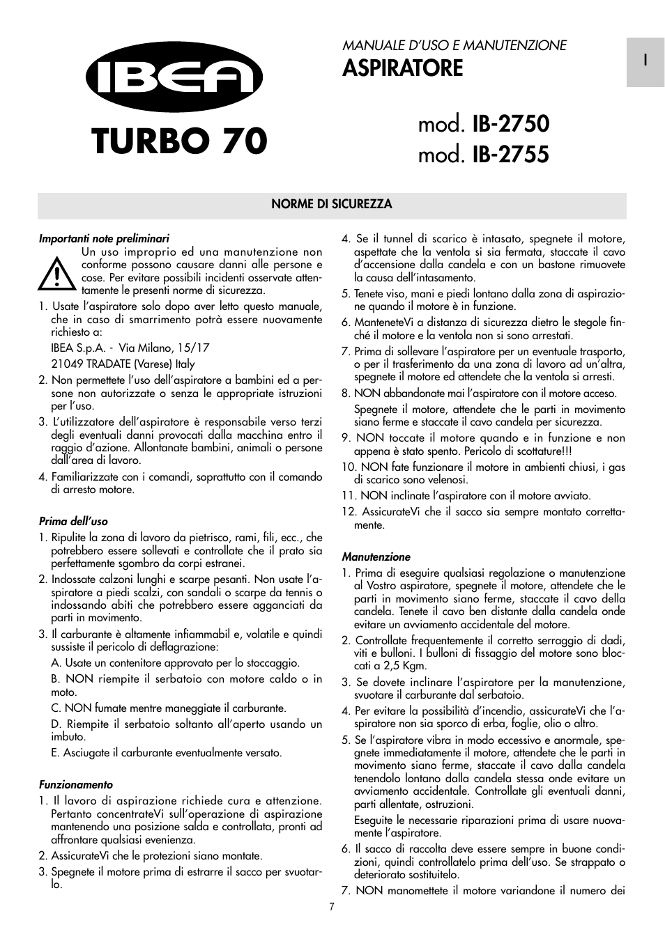 Turbo 70, Aspiratore | IBEA IB-2750 User Manual | Page 7 / 24