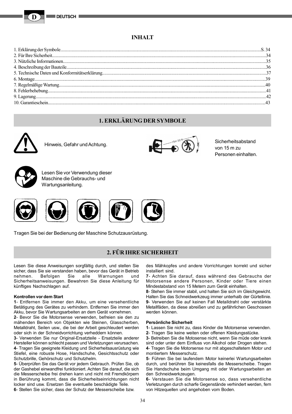 Inhalt, Erklärung der symbole, Für ihre sicherheit | IBEA HY-704 User Manual | Page 34 / 76