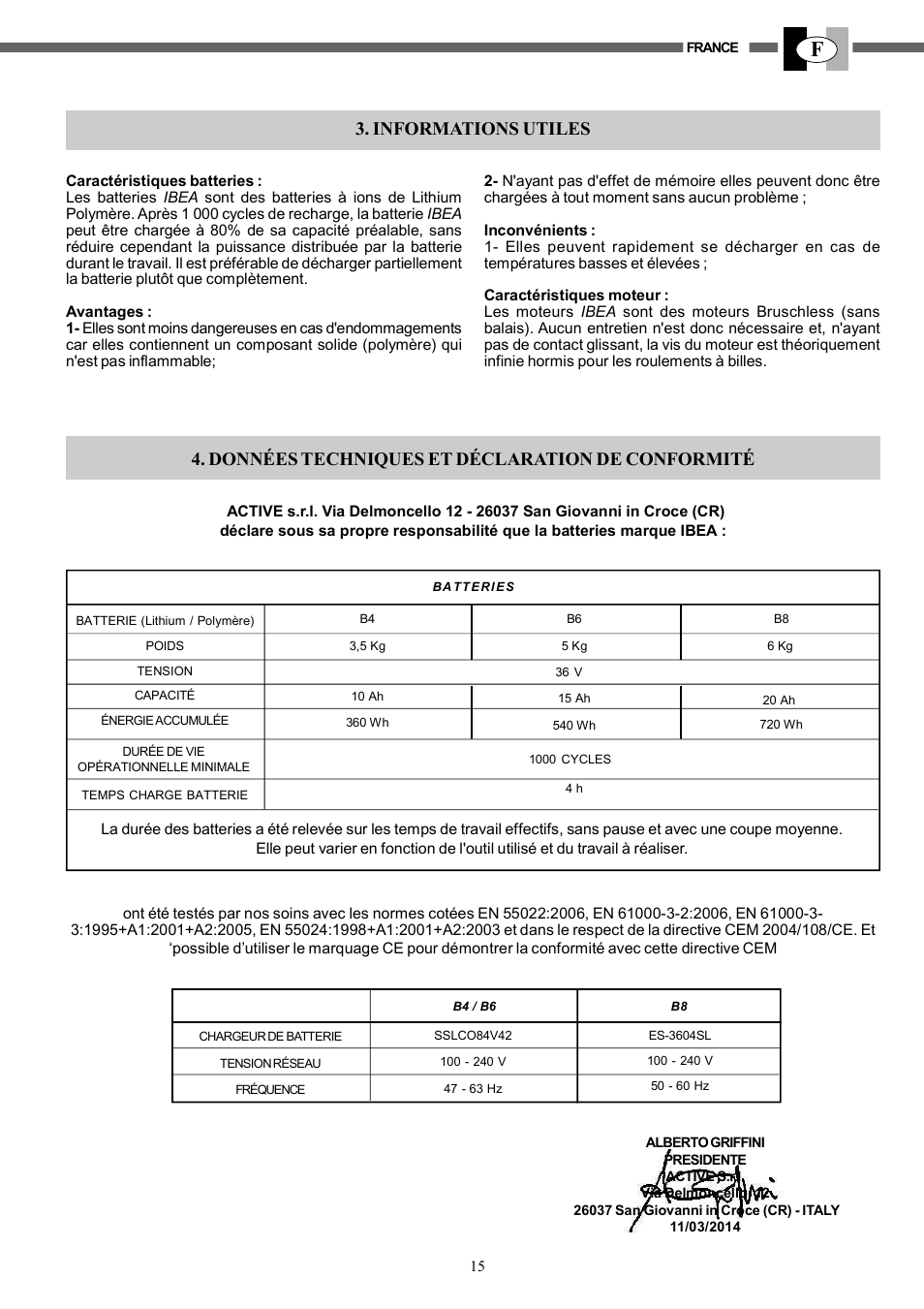 Informations utiles, Données techniques et déclaration de conformité | IBEA B4-10Ah User Manual | Page 15 / 40