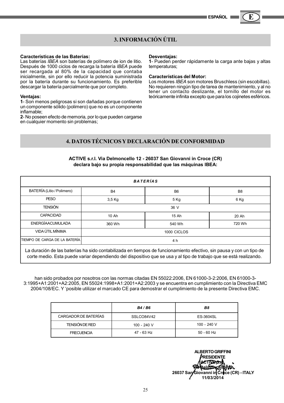 Información útil, Datos técnicos y declaración de conformidad | IBEA B4-10Ah User Manual | Page 25 / 40