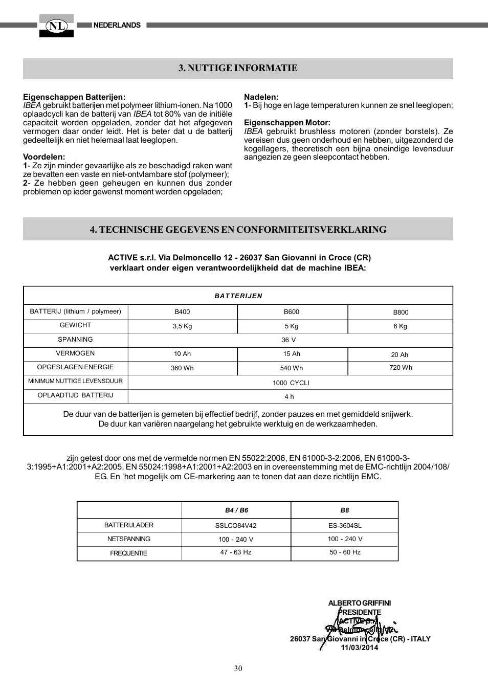 Technische gegevens en conformiteitsverklaring, Nuttige informatie | IBEA B4-10Ah User Manual | Page 30 / 40