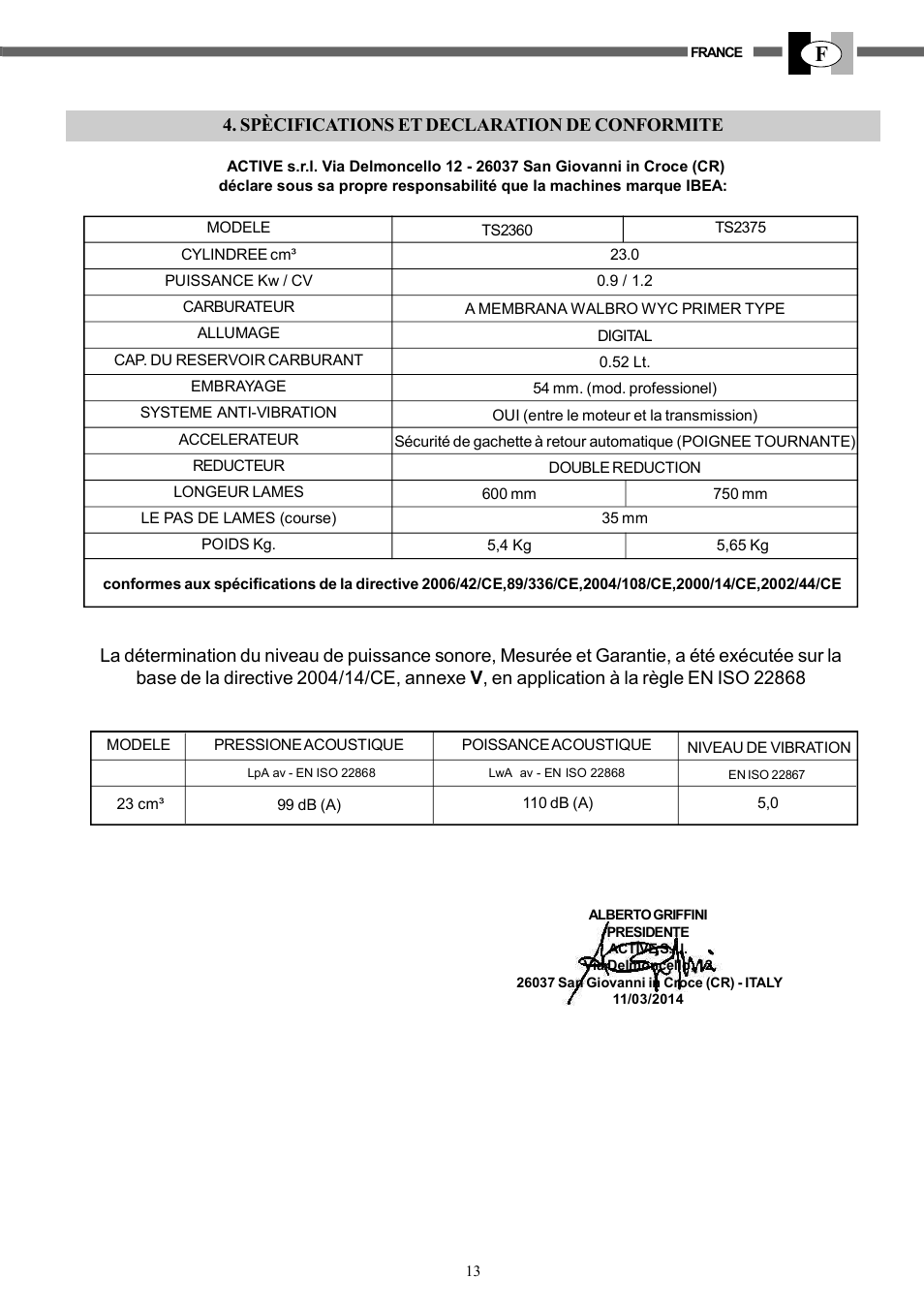 Spècifications et declaration de conformite | IBEA TS2360 Series User Manual | Page 13 / 48