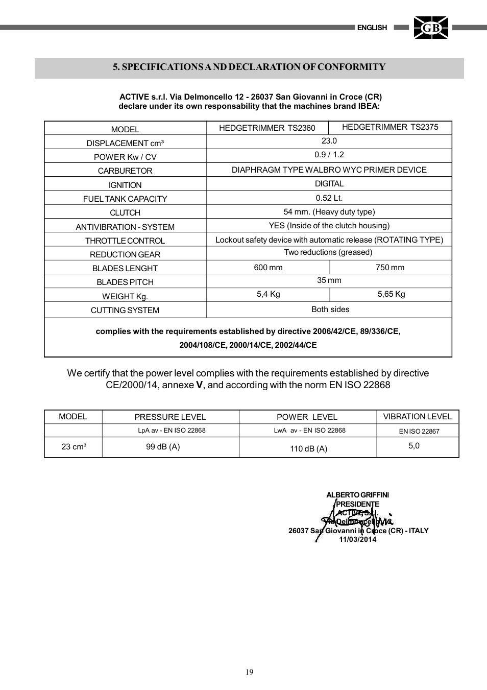 Specifications a nd declaration of conformity | IBEA TS2360 Series User Manual | Page 19 / 48
